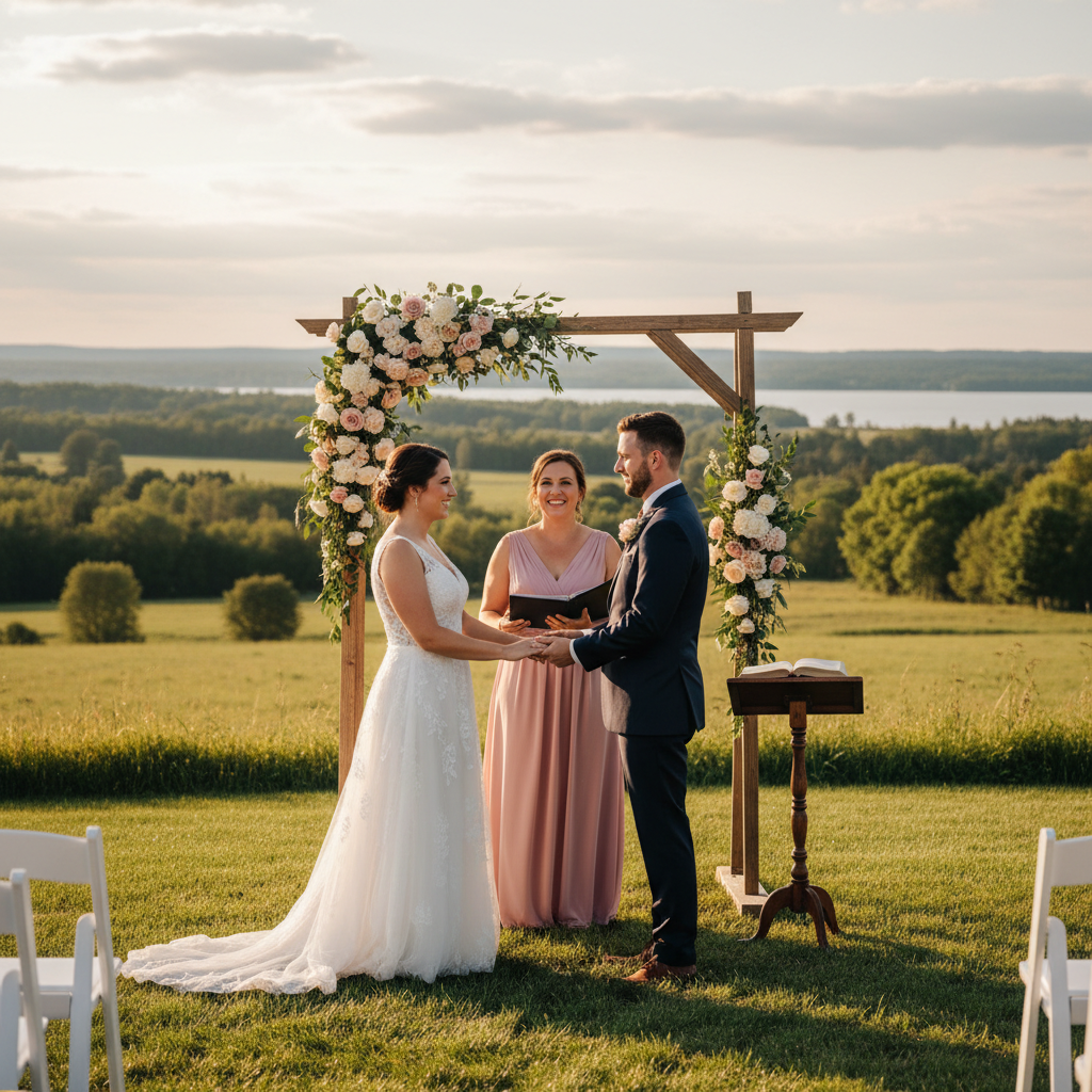 Elegant wedding ceremony setup with floral arch and white aisle runner - Weddings by Pam, wedding officiant in Angus, ON